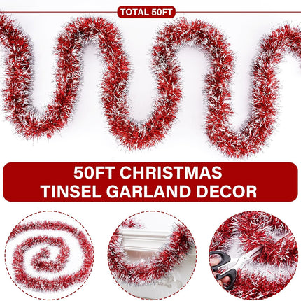 50FT Christmas Decorations Tinsel Garland Red Tinsel Garland Christmas Tinsel Garlands Tinsel Twist Garland for Indoor for Xmas Tree Holiday Disco Party Christmas Decor