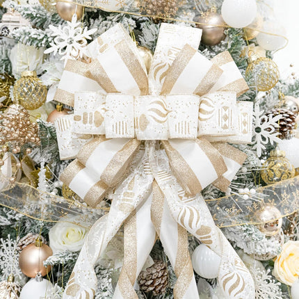 Christmas Tree Topper Bow，53x15 Inches Large Christmas Bow with Glitter Streamer and Patterned Ribbon，Decorative Bows for Xmas Tree Wreath Door Festival Home Decor(White Gold)