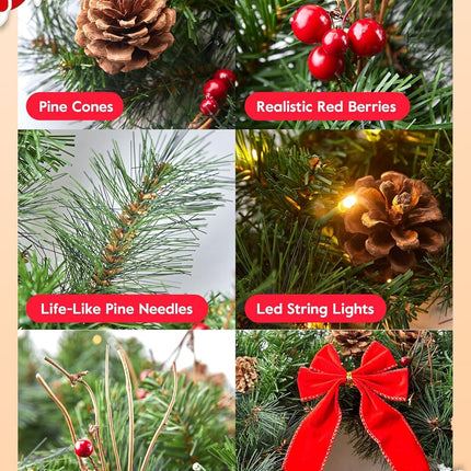 24 Inch Pre-Lit Handcrafted Christmas Wreath for Front Door, IP44 Battery Operated 50 LED Christmas Wreaths, Decor with Pinecones Pine Needles Branches Red Berry Mini Bow, Wreaths for Door Wall Window