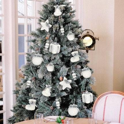 Nature Vibe Set of 18 Faux Fur White Christmas Ornaments in Box,Christmas Balls and Hanging Stars with Silver Accent as Christmas Tree Decorations or Winter Wonderland Decorations