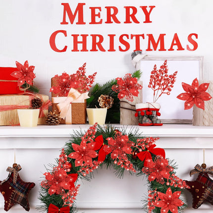 Sggvecsy 24 Pcs 2 Styles Christmas Glitter Poinsettia Flowers Artificial Berry Picks Christmas Tree Ornaments Artificial Christmas Flowers with Clips for Xmas Wedding Wreath Floral Decorations（Red）