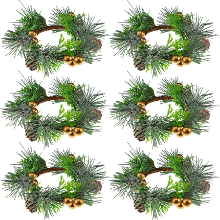 6 Pieces Christmas Candle Ring Artificial Berry Candle Rings with Pine Cones Small Wreaths for Home, Wedding, Living Room and Christmas Holiday Table Decoration (Gold, 4.7 Inch)