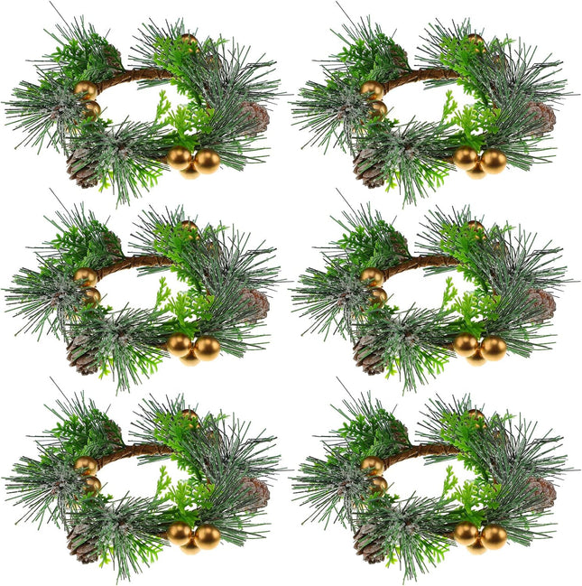 6 Pieces Christmas Candle Ring Artificial Berry Candle Rings with Pine Cones Small Wreaths for Home, Wedding, Living Room and Christmas Holiday Table Decoration (Gold, 4.7 Inch)