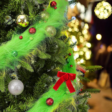 Jutom 6 Feet Whimsical Christmas Garland Decorations Xmas Green Faux Fur Ribbon Trim with Red Green Balls Xmas Tree Winding Garland Furry Stripe Indoor Outdoor for Front Door Fireplace Table Decor