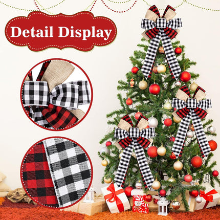 Whaline 3Pcs Christmas Bow Tree Topper Buffalo Plaid Xmas Large Bow Red Black White Handmade Decorative Bow for Christmas Tree Wreath Crafts DIY Bow Year Outdoor Decoration Festival Holiday Party