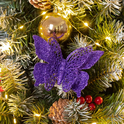 15 PCS Glitter Christmas Tree Butterfly Ornaments, Hollow Butterfly Christmas Decorations with Clips, Artificial Butterfly Ornaments Decoration for Christmas Tree, DIY Xmas Wreath Decor - Dark Purple