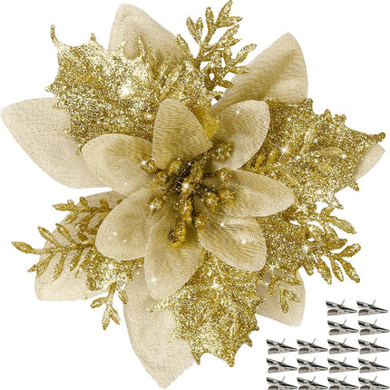16 PCS Poinsettia Flower Artificial Poinsettia Christmas Decorations Glitter Poinsettias Christmas Ornaments Christmas Tree Flower Decorations with Clips DIY Xmas Wreath Holiday Weed Home Party Decor