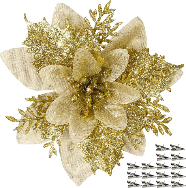 16 PCS Poinsettia Flower Artificial Poinsettia Christmas Decorations Glitter Poinsettias Christmas Ornaments Christmas Tree Flower Decorations with Clips DIY Xmas Wreath Holiday Weed Home Party Decor