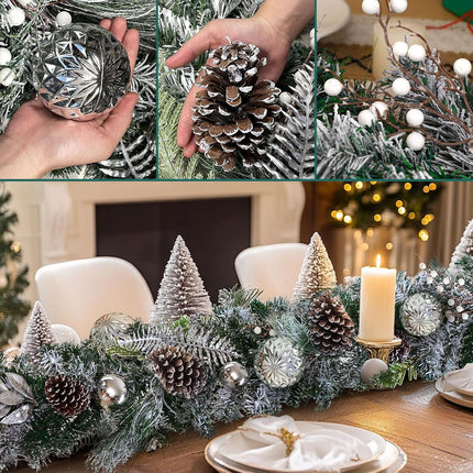 6.2FT Artificial Snowy Christmas Garland for Mantel, Thick Frosted Pine Garland Flocked Garland with Pine Cones, Realistic Cedar Garland for Xmas Holiday Table Stairs Fireplace Door Winter Decorations