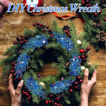 Tigeen 12 Pcs Large Christmas Tree Picks Bulk Glitter Branches Berries Stems Decorations 15.75'' Christmas Twigs Filler Berry Picks for Vase Christmas Tree Ornaments (Blue)