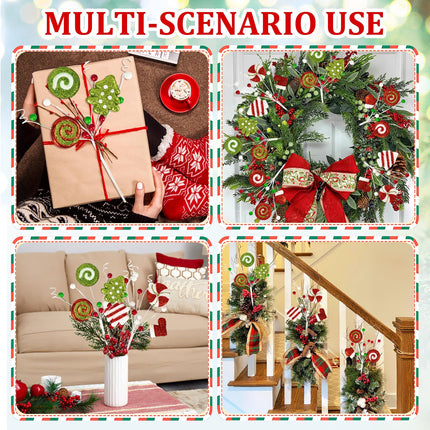 Christmas Tree Picks Candy and Lollipop Pick for Christmas Tree Filler Decoration,Red Green and White Glitter Christmas Pick for Tree Topper Wreath Vase Home Holiday Decorations(6 Pieces,14 inches)