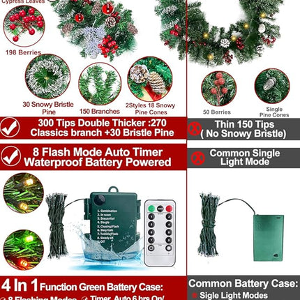 Remote Control&Timer 9 Ft Prelit Christmas Garland with 50 Warm White Lights 8 Modes Cedar Garland 6 Cypress Leaves 18 Ball 300 Snowy Tips 198 Red Berry 18 Pine Cone Christmas Decor Indoor Home Mantel