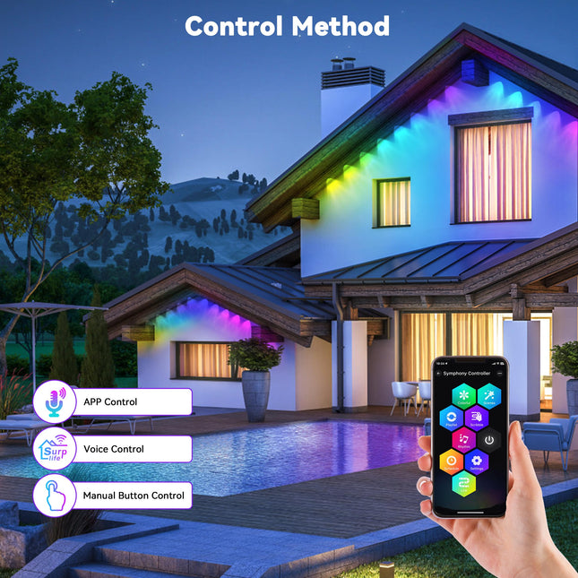 100FT Permanent RGB Outdoor Lights, 72 LED Outdoor String Lights, IP67 Waterproof LED Eaves Lights with Smart Control, for Christmas and All Holidays
