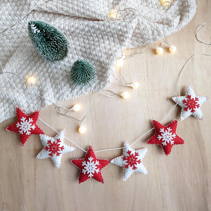 Christmas Felt Garland with Snowflake Design - Christmas Mantel Garland - Nordic Christmas - Danish Christmas Decorations - 47.3"/120cm (Red&White Stars)