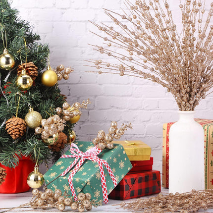 63 Pcs Christmas Floral Picks Artificial Glitter Berry Stem Ornaments Decorative Glitter Sticks for Xmas Tree Ornaments DIY Wreath Crafts Holiday Wedding Home Decor, 17 Inch, 9 Inch (Champagne Gold)