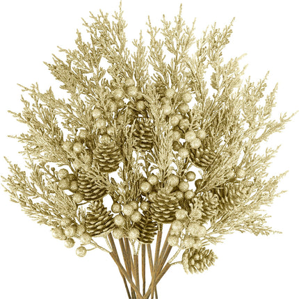 Winlyn 12 Pcs Christmas Artificial Pine Branches Champagne Glitter Pine Needles with Pinecone and Berries Christmas Floral Picks 14.2" for Champagne Christmas Tree Wreaths Centerpieces Holiday Décor