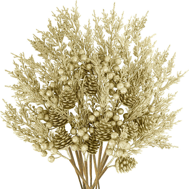 Winlyn 12 Pcs Christmas Artificial Pine Branches Champagne Glitter Pine Needles with Pinecone and Berries Christmas Floral Picks 14.2" for Champagne Christmas Tree Wreaths Centerpieces Holiday Décor