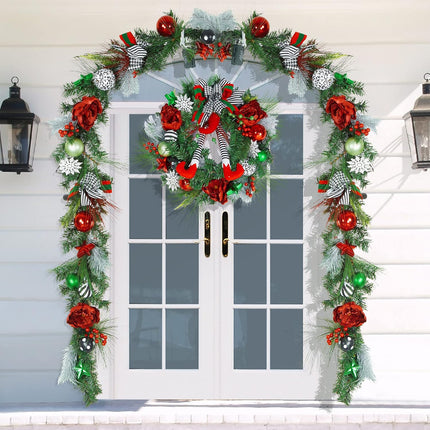 GAOMON 24 Inch Pre-lit Christmas Wreath for Front Door, Red Green Battery Operated Xmas Wreath with 20 LED Lights, Elf Legs Boot, Ball Ornaments, Flowers & Ribbon Bows for Home Holiday Decor