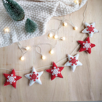 Christmas Felt Garland with Snowflake Design - Christmas Mantel Garland - Nordic Christmas - Danish Christmas Decorations - 47.3"/120cm (Red&White Stars)