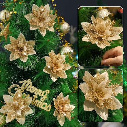 Serwalin 20pcs Christmas Flowers Artificial Gold Poinsettia Flowers Decorations with Clips Stems 14cm/5.5in Glitter Christmas Tree Ornaments Xmas Wedding Party Wreath Garlands DIY