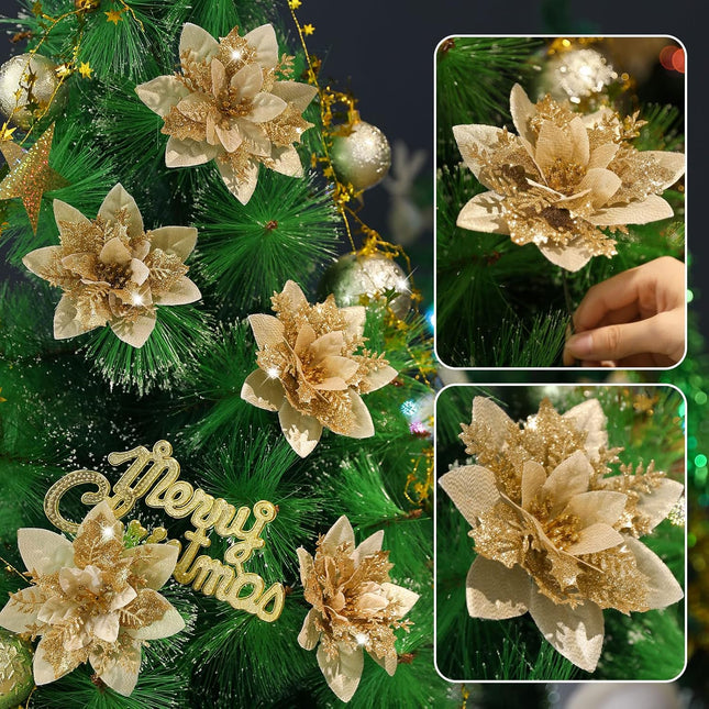 Serwalin 20pcs Christmas Flowers Artificial Gold Poinsettia Flowers Decorations with Clips Stems 14cm/5.5in Glitter Christmas Tree Ornaments Xmas Wedding Party Wreath Garlands DIY