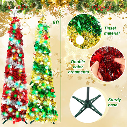 2 Pcs 5 ft Prelit Slim Christmas Tree Decor Pop Up Pencil Christmas Tree with String Lights Artificial Sequin Collapsible Christmas Tree with Star Topper for Xmas Holiday Outdoor Decorations
