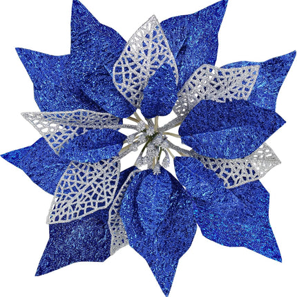 14 Set 8.7" Wide 4 Layers Christmas Blue Glitter Poinsettia Flowers Picks Christmas Tree Ornaments for Blue Christmas Tree Wreaths Garland Holiday Seasonal Festive Navidad Decoration Box Included