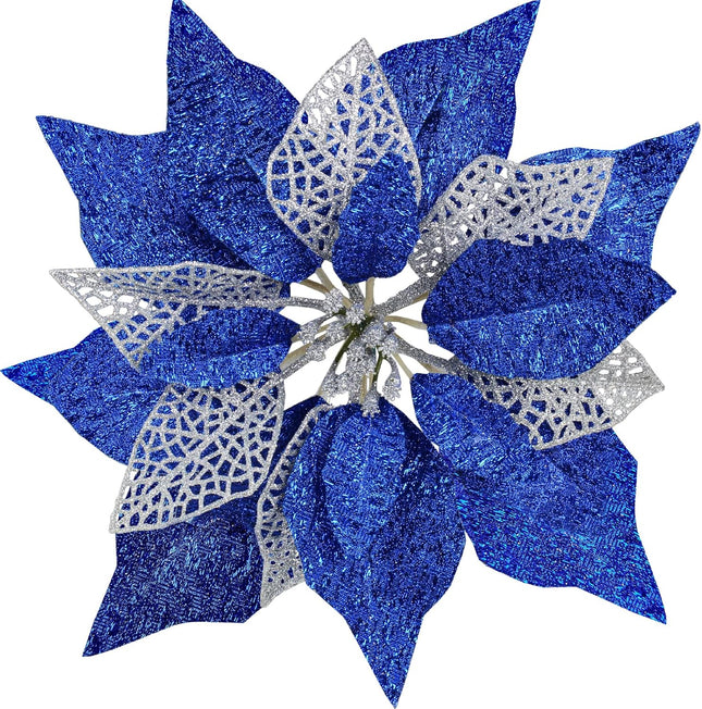 14 Set 8.7" Wide 4 Layers Christmas Blue Glitter Poinsettia Flowers Picks Christmas Tree Ornaments for Blue Christmas Tree Wreaths Garland Holiday Seasonal Festive Navidad Decoration Box Included
