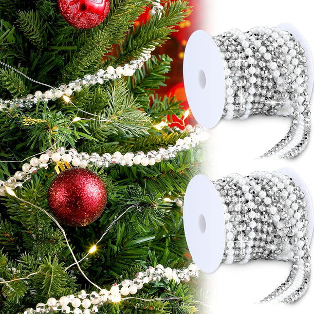 2 Rolls Christmas Tree Beads Garland 14.7 Ft Each White and Silver Beaded Garland Iridescent Twisted Decor Xmas Faux Pearl Crystal Garland Strands Twist Bead Christmas Garlands for Tree Wall Party