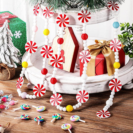 Christmas Wooden Bead Garland Christmas Tree Wood Candy Garland Red and White Peppermint Candy Beaded Garland Christmas Tree Decorations for Xmas Party Supplies Holiday Favors, 9 Ft