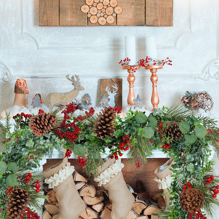 Winlyn 6' Long Artificial Eucalyptus and Pine Christmas Garland with Pine Cones Red Berries Pine Needles Winter Greenery Garland Christmas Season Holiday Wedding Table Runner Centerpiece Mantel Decor