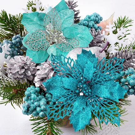 Winlyn 24 Pcs 4 Styles Christmas Teal Blue Metallic Mesh Glitter Artificial Poinsettia Flower Stems Tree Ornaments in Box for Teal Blue Christmas Tree Wreaths Garland Winter Wedding Holiday Decoration