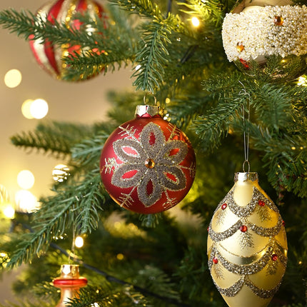 Valery Madelyn Glass Christmas Ornaments Set, 10ct Red and Gold Mercury Blown Glass Christmas Tree Ball Decorations, Luxury Xmas Hanging Teardrop Finial Faceted Reflector for Holiday Decor