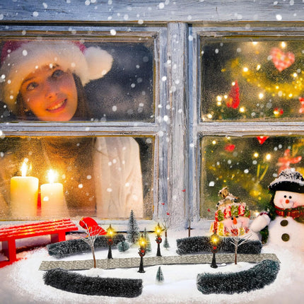 Hotop 18 Pcs Christmas Village Set Mini Snow Covered Christmas Trees Street Lights Christmas Village Accessories for Table Display Winter Decor Holiday Outdoor DIY Crafts(Joyous)