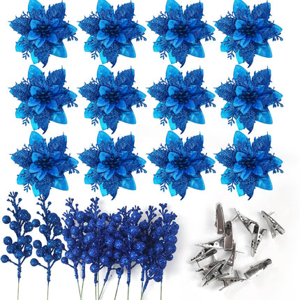 Rainmae 12pcs 5.5in Christmas Artificial Flowers and 12pcs Berry Stems, Royal Blue Glitter Poinsettia Flowers Decorations, Christmas Tree Ornaments for Xmas Wreath DIY Garland Ornaments Wedding Party