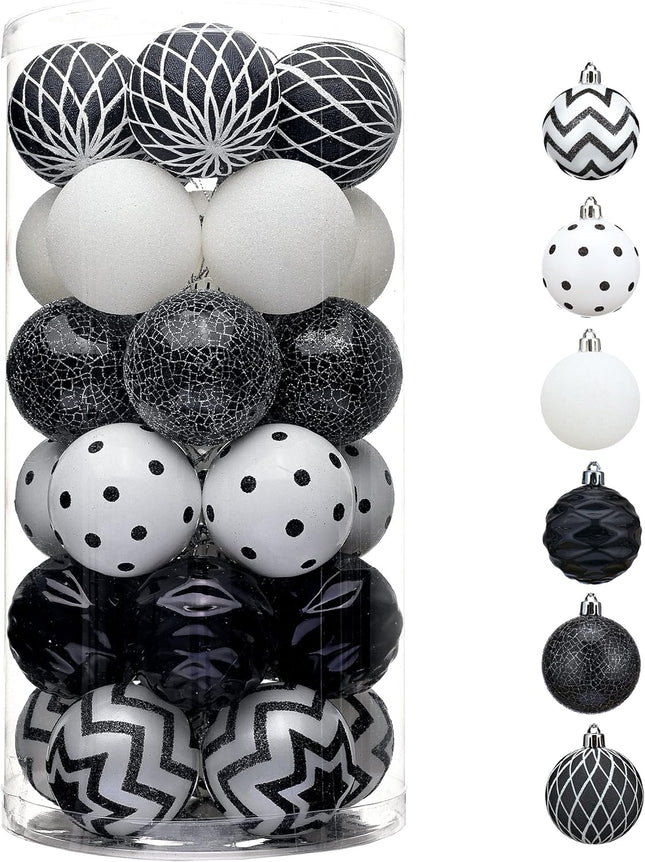 Valery Madelyn Christmas Ornaments Tree Decorations, 30ct Black and White Shatterproof Christmas Ball Ornaments Set, 2.36 Inch Boho Modern Decorative Hanging Ornament Bulk for Xmas Holiday Party Decor