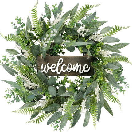 Sggvecsy Green Artificial Eucalyptus Wreath with Welcome Sign 20in Mixed White Berries Spring Summer Wreath for Front Door Wall Window Farmhouse Festival Porch Patio Garden Decor