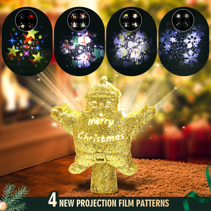 Christmas Tree Topper Lighted with 4 Projection Patterns, Santa Claus Tree Topper Built-in LED Rotating Lights, Stunning Gold 3D Projection for Xmas Party Holiday Decor