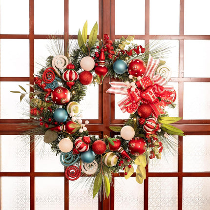 Valery Madelyn 24 Inch Pre-Lit Christmas Wreath for Front Door with Lights, Large Lighted Christmas Wreath with Elf Red Green Xmas Balls for Fireplace Window Outdoor Table Centerpiece Home Decoration