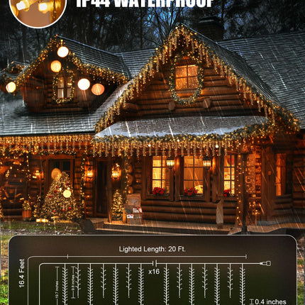 Brightown Cluster Icicle Lights for Outside, 20Ft 1125 LED Christmas Lights with 30 Drops, Icicle Christmas Lights Outdoor with Timer Function, Christmas Lights for House Roofline, Warm White