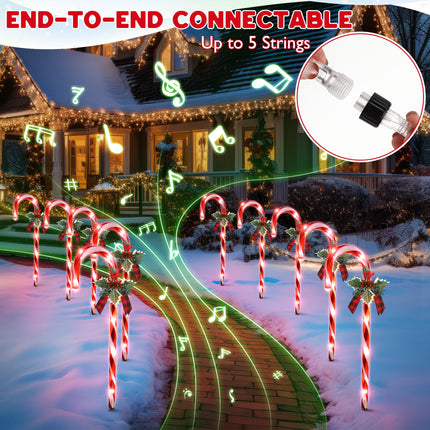Enhon 10 Pcs Christmas Candy Cane Light with 4 Christmas Theme Music, 21 inch Pathway Markers Light with Stakes Christmas Driveway Light for Xmas Holiday Party Walkway Garden Decor (Red, White)