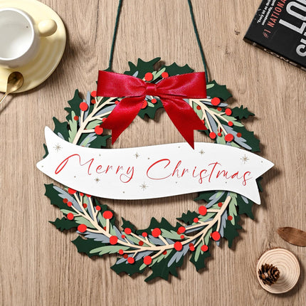 Christmas Wreath for Front Door, Wooden Christmas Door Wreath with Red Ribbon, Merry Christmas Wreath with Foldable Design and Magnets, Hanging Wreath for Holiday Rustic Farmhouse Wall Decor