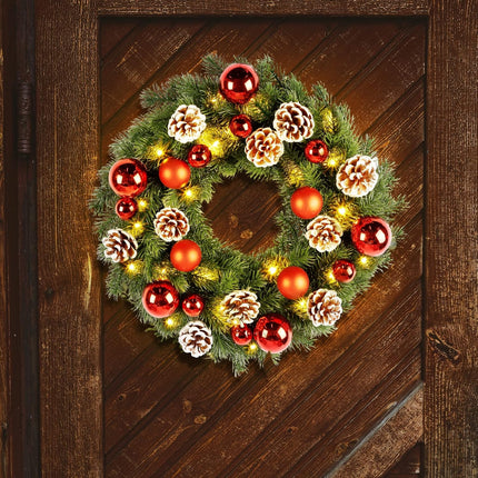 Lulu Home Christmas Front Door Wreath, 15.7" Pre-lit Wreath with Christmas Balls and Pine Cone, Battery Operated 40 LED Light Up Xmas Wreath Decorative Hanging Ornament