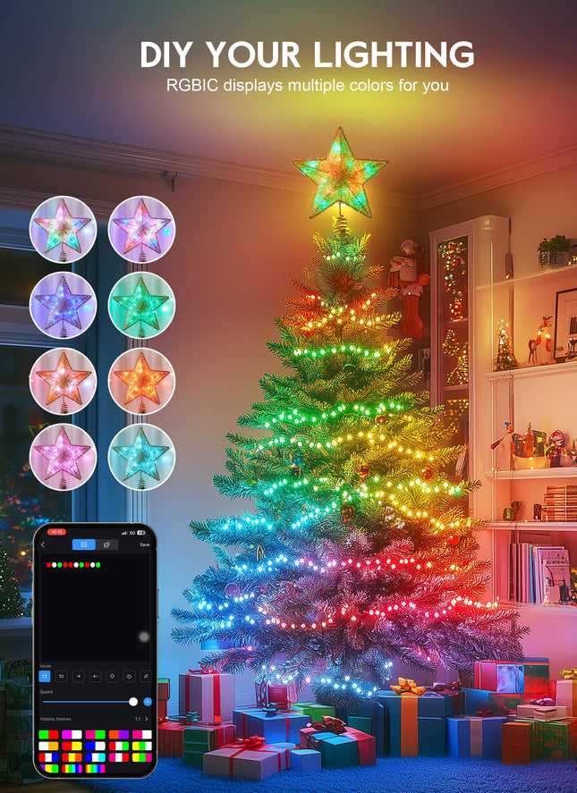 Christmas Star Tree Topper, 19" Static Dynamic Lighted Cotton Thread Pentagram Built-in 15 Bulbs, Multi-Color Topper W/App Control USB Powered Xmas Tree Topper Music Sync Tree Top for Christmas-Gold
