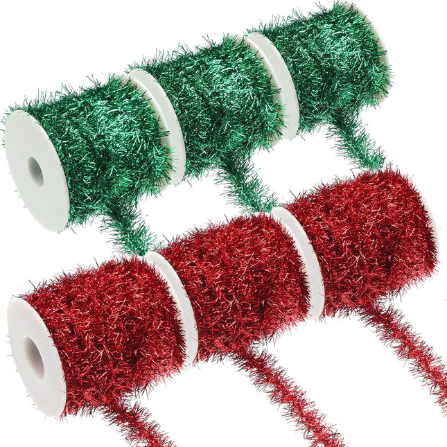 Xinnun 60 Yard Christmas Tinsel Garland Colorful Glitter Christmas Garland Thin Metallic Tinsel Garland Tinsel Wire Christmas Ribbon for Wedding Birthday(Red, Green)