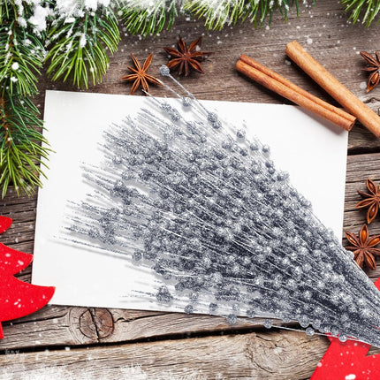 Geosar 30 Pcs Christmas Artificial Glitter Berry Stem Decorations Bead Sticks Pick 17 Inch Xmas Ornaments Glittery Twigs for Christmas Tree Halloween Wreath Vase Filler Home Decor(Silver)