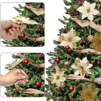38Pcs Gold Christmas Decorations Set Include 24Pcs Artificial Christmas Flowers, Clamp and Stem, 12Pcs Holly Berry Stems, 2Pcs Ribbon, Poinsettia Christmas Tree Picks for Wreaths Garland Decor