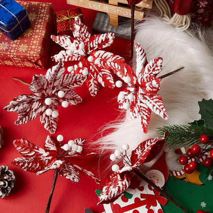 Red White Poinsettia Artificial Christmas Flowers Decoration Christmas Flowers Snow Spray Christmas Tree Picks Decorative Christmas Flower Stem for Xmas Wreath Decorations(24 Pieces,5.5 Inches)