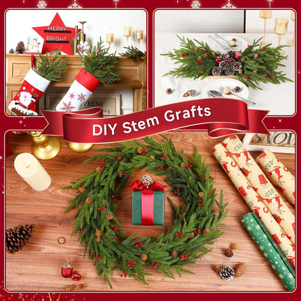 12PCS 17" Artificial Norfolk Pine Branches Christmas Decorations, Fake Cedar Stems with Pine Needle&Cone&Berry for Xmas Decor, Faux Pine Pick Green Plants Ornaments for Home/Holiday/Party