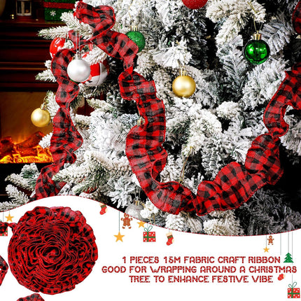 15 Yards Plaid Christmas Tree Garland Christmas Buffalo Plaid Ribbon Ruffled Homespun Fabric Garland Christmas Tree Ribbon Decorations for Christmas Home Wreath Staircase Tree Decor (Red and Black)